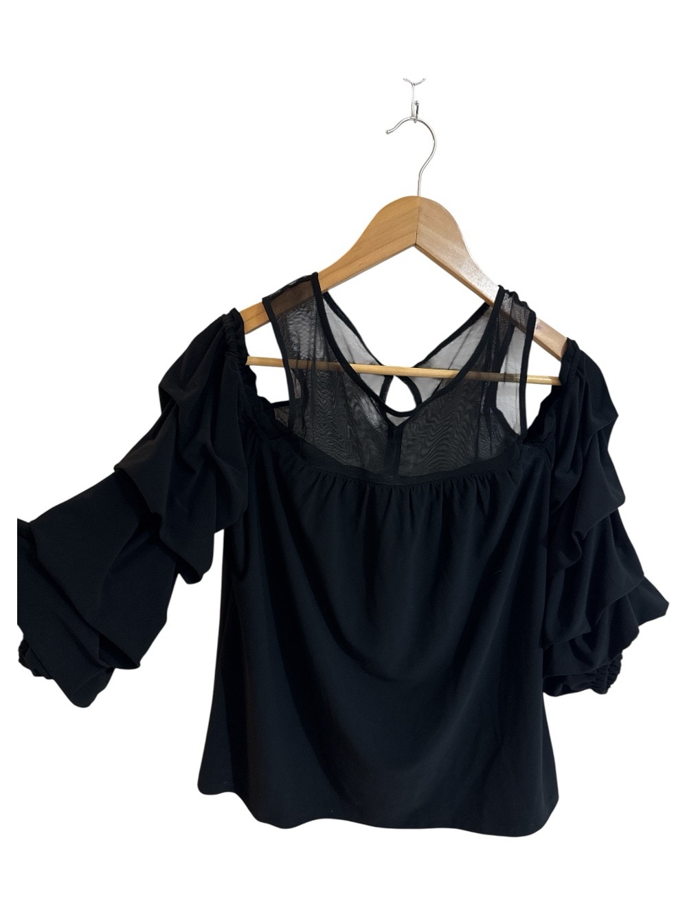 INC Black Cold-Shoulder Ruffle Sleeve Women's Top M